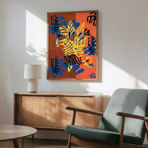 Contemporary wall art featuring bold cutout shapes in saturated colors arranged in an energetic, nature-inspired abstract design.
