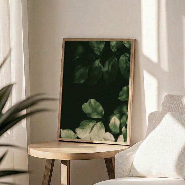 Sage green foliage study with black accents displayed as a framed poster, embodying calm, contemplative Wabi Sabi aesthetics.