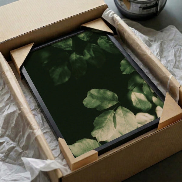 Japandi wall art featuring contemplative leaf study in muted sage and dark green tones, a serene botanical composition in minimalist design.