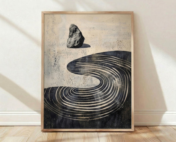 Minimalist abstract poster featuring stacked stones arranged in a spiral with flowing lines in charcoal and gold on cream background, evoking calm and balance.