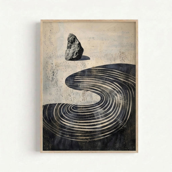 Framed modern art print depicting balanced rock formations with wave-like linework in black and gold tones on neutral backdrop, serene japandi aesthetic.