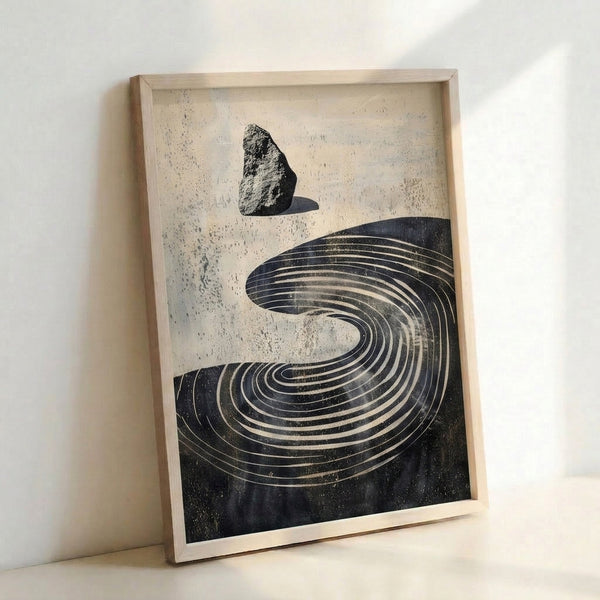 Abstract zen-inspired wall art showing concentric stone spiral with elegant gold accents and charcoal line work on cream, contemplative and minimalist.