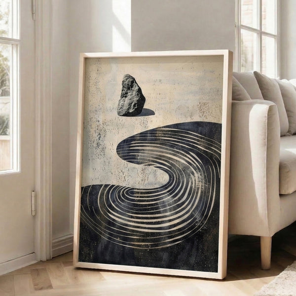Contemporary poster with stacked stone motif arranged in flowing spiral pattern, charcoal and metallic gold details on soft cream, peaceful mood.
