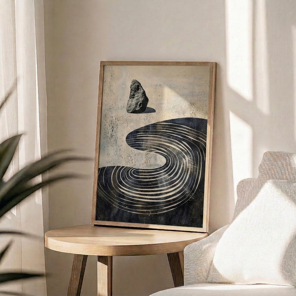Minimalist framed artwork featuring abstract stone composition with spiral arrangement and flowing lines in black, charcoal, and gold on neutral ground.