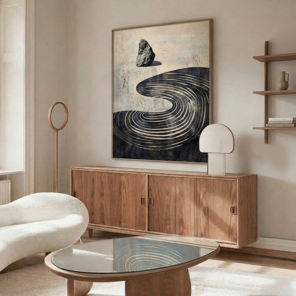 Abstract minimalist poster showcasing meditative stone spiral design with flowing linear details in charcoal and gold on warm cream, serene japandi style.