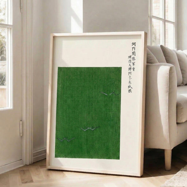 Contemporary Japandi poster art featuring two birds in a serene green landscape with refined black linework and peaceful, contemplative mood.