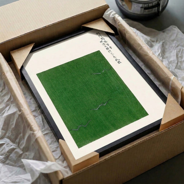 Understated Japandi bird painting poster with cranes in a verdant landscape, executed in contemplative black and green tones with refined simplicity.