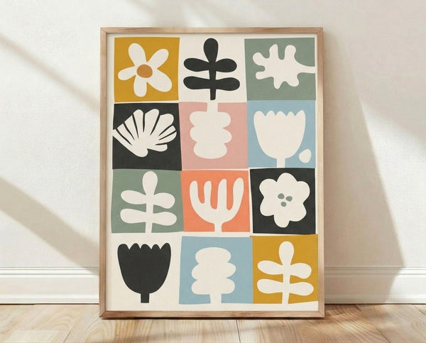 Minimalist botanical grid poster featuring stylized flowers and geometric shapes in golden yellow, dusty green, soft blue, and coral orange on a cream background.