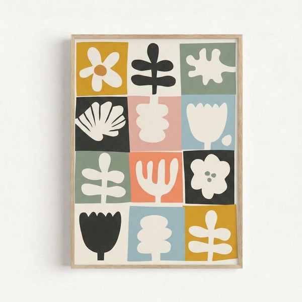 Bauhaus-inspired floral wall art with organized grid layout of tulips, daisies, and leaves in muted tones and charcoal black lines.