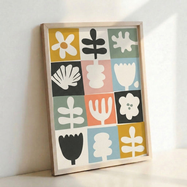 Mid-century modern botanical print showing playful arrangement of minimalist flowers and plant forms in soft pastels and warm golden hues.