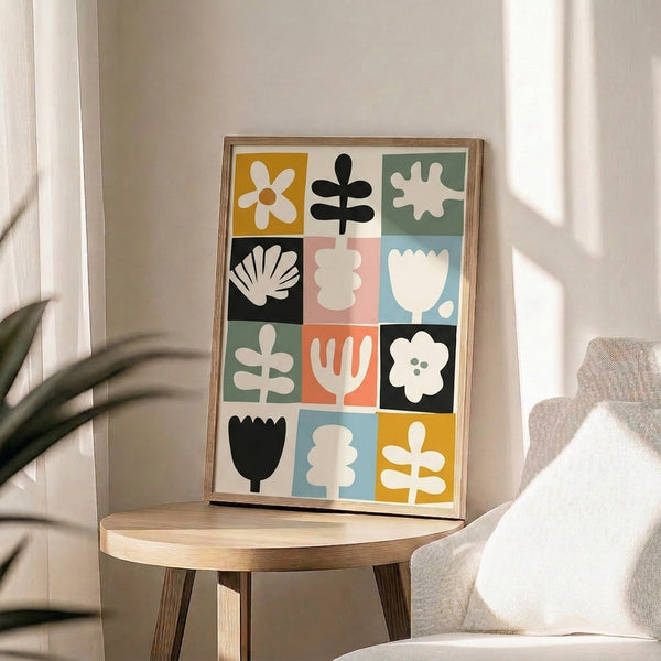 Bauhaus-style floral poster displaying playful botanical grid in soft blue, dusty green, coral orange, and cream with black outlines.