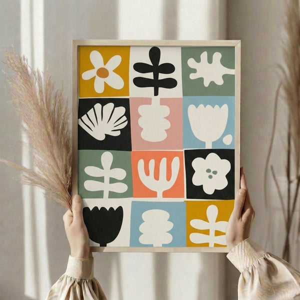 Contemporary botanical print featuring minimalist flowers arranged in orderly grid pattern using golden yellow, soft pastels, and charcoal accents.