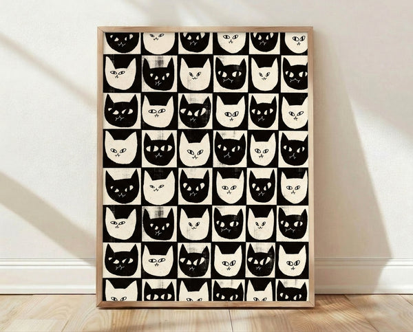 Minimalist retro poster featuring a playful grid of black and cream cat faces in a checkerboard pattern, creating a whimsical graphic design for modern home decor.