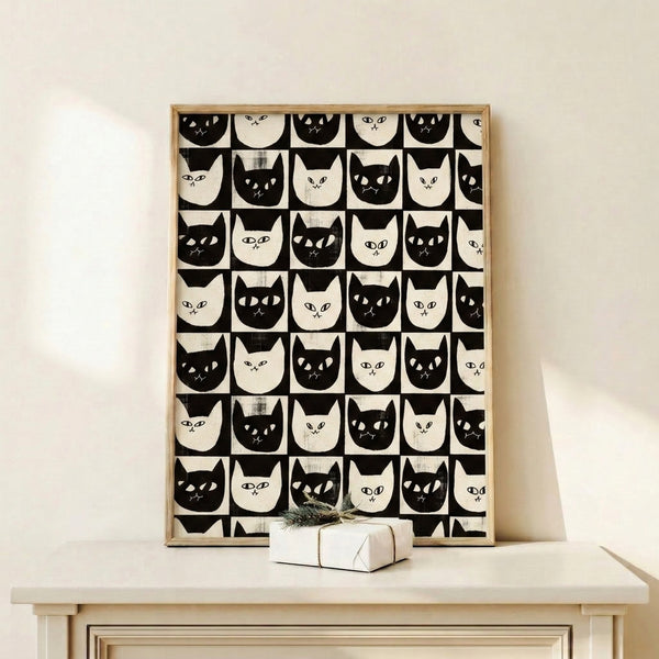 Retro-style poster art showing a playful arrangement of minimalist black cat faces in a checkerboard pattern on a cream background.