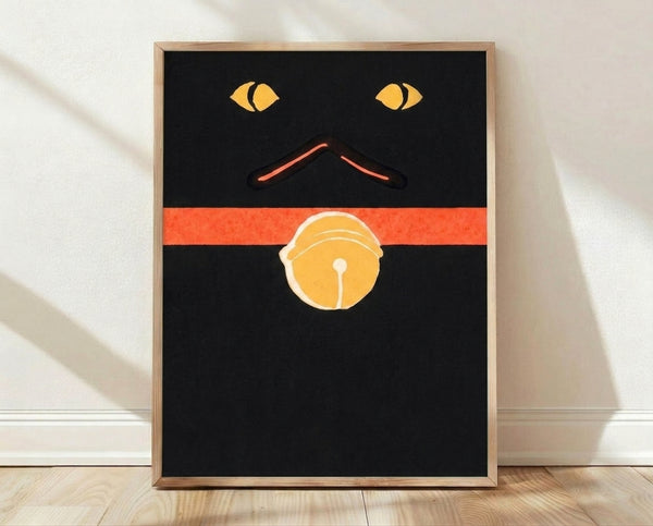 Minimalist black cat face with golden yellow eyes and coral red mouth on white background, framed poster art.