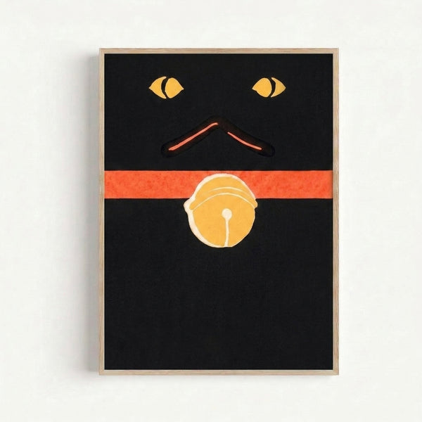 Abstract cat portrait featuring bold black lines, bright yellow eyes, and red mouth with surreal contemplative mood.