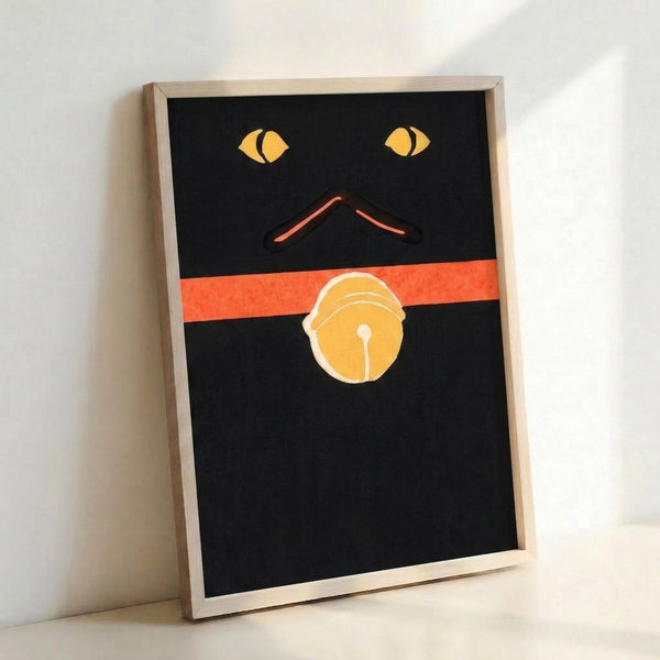 Modern minimalist art print of stylized black cat face with expressive yellow eyes and coral accent, wall decor.