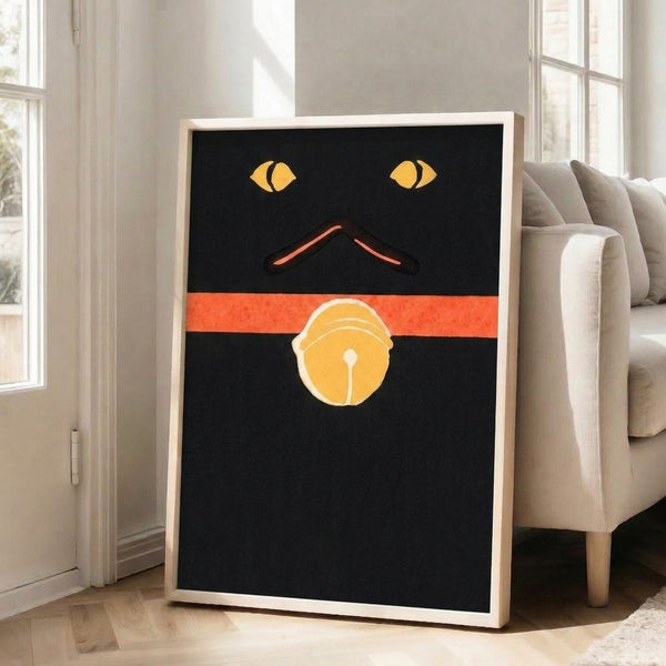 Witty minimalist cat artwork in black, gold, and coral tones showing simplified feline features in abstract style.