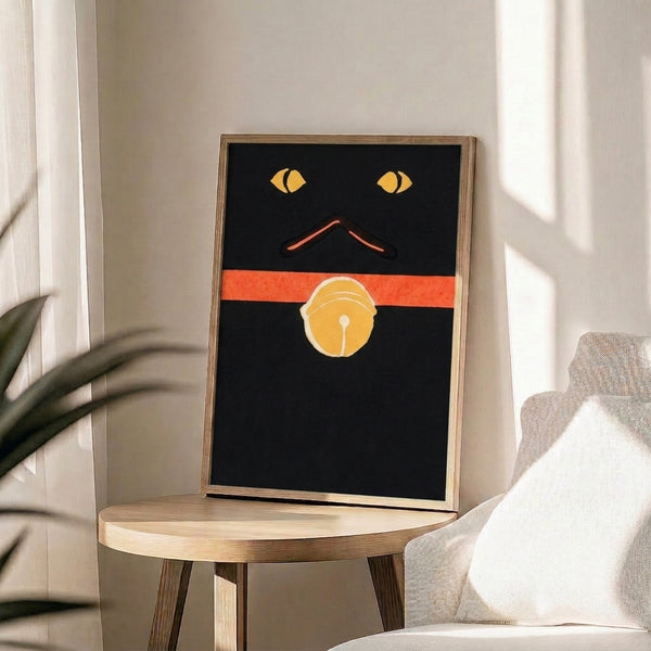Black cat face poster art with minimalist design, glowing yellow eyes, and red mouth accent on neutral background.