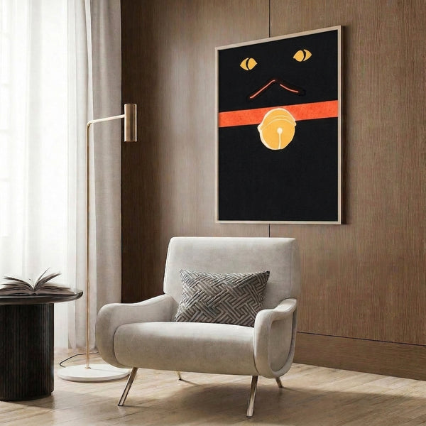 Contemporary framed poster featuring abstract black cat portrait with striking golden eyes and coral red details.