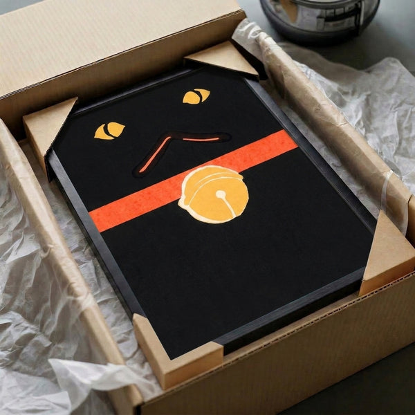 Minimalist modern cat art print rendered in black, vibrant yellow, and coral—surreal and graphically bold wall art.