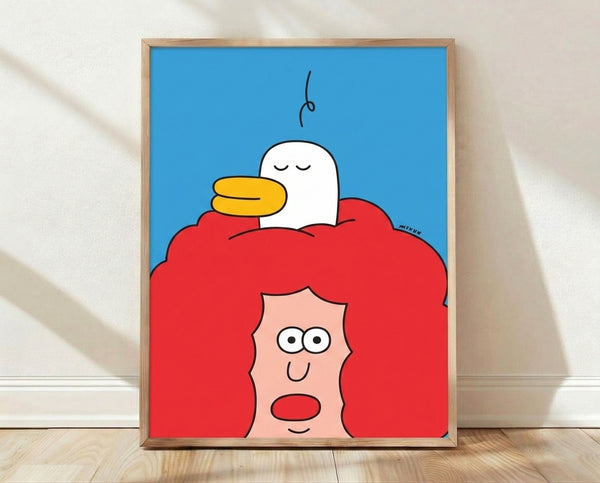 Minimalist line art poster featuring a whimsical duck nestled in flowing red hair above a serene face, rendered in black lines with sky blue, yellow, and cream accents.