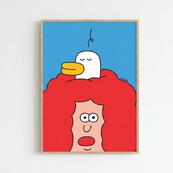 Playful modern art print showing a simple duck perched in red tresses, with a calm face below and soft cloud shapes, done in contemporary minimalist style with warm and cool tones.