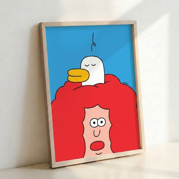 Quirky line drawing poster of a duck nesting in vibrant red hair above a peaceful face, framed on a wall, combining minimalist black linework with pops of blue and yellow.