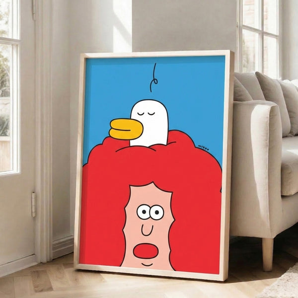 Whimsical framed poster depicting a small duck resting in flowing red hair with a serene expression and clouds, rendered in minimalist line art with a soothing color palette.