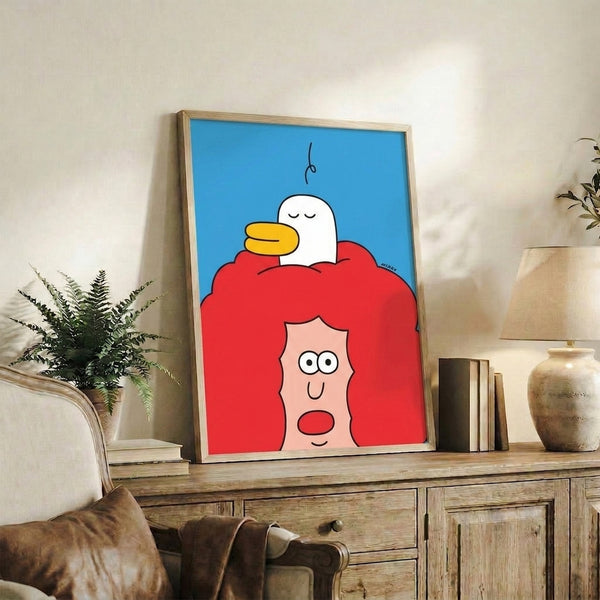 Contemporary minimalist art print showing a playful duck tucked into red hair above a calm, simple face, using clean black lines and touches of sky blue and yellow on cream background.