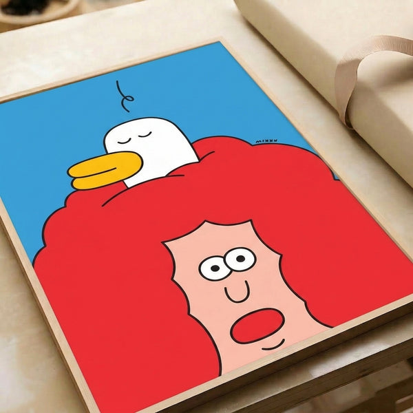 Playful yet calm poster art with minimalist line-drawn duck nestled in red hair, complemented by a serene face and clouds in sky blue, yellow, and black on a cream ground.