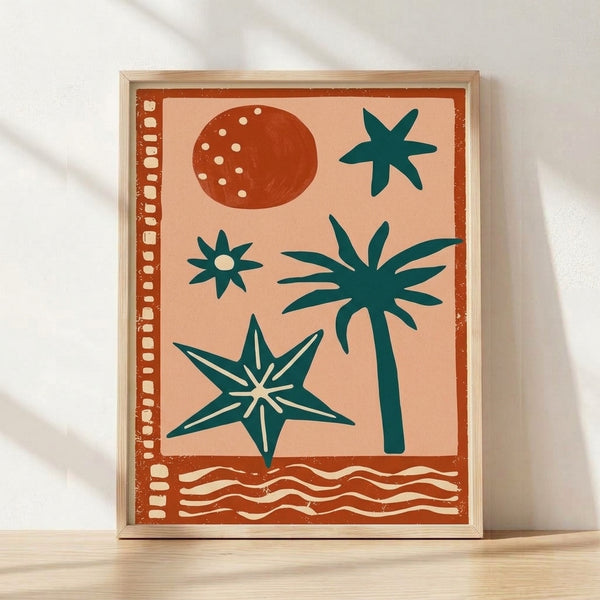 Minimalist mid-century poster art featuring a terracotta sun, crescent moon, and palm tree silhouette against a cream background with teal ocean waves and scattered stars, evoking a calm tropical sunset mood.