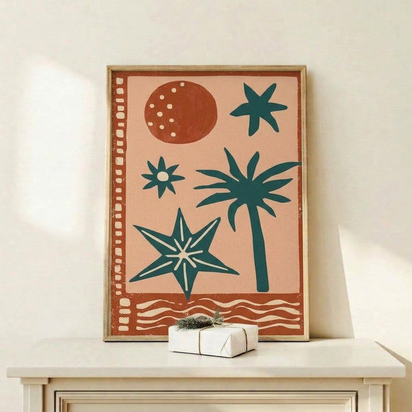 Modern wall art print with a stylized palm tree in terracotta and peach tones, surrounded by a sun, moon, and stars in a serene mid-century minimalist composition with teal water accents.
