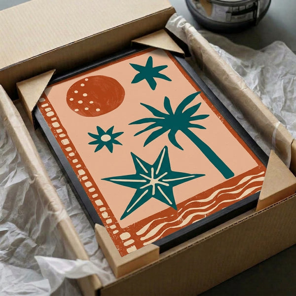 Mid-century modern art print with a serene palm tree landscape in terracotta, peach, and cream tones, featuring a celestial sun and moon, teal waves, and stars in minimalist design.