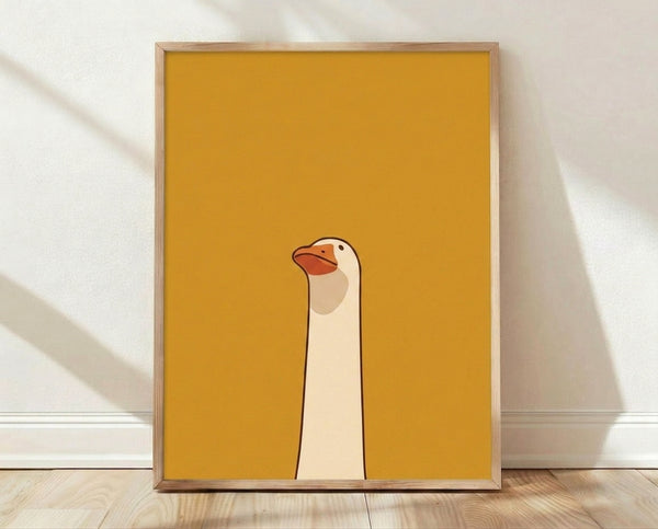Minimalist line art poster of a whimsical golden goose in warm terracotta and cream tones, framed on a wall with calm, charming appeal.