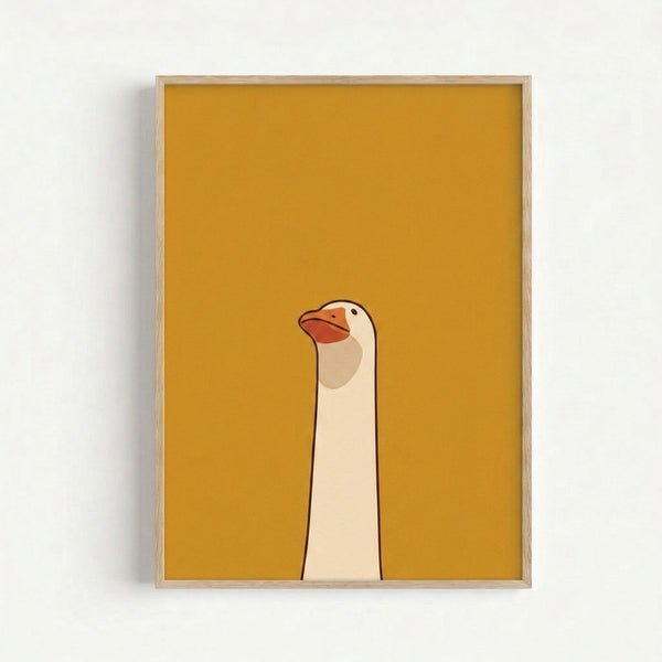 Framed modern bird print featuring a playful goose rendered in simple lines with golden yellow and dark brown accents on cream background.