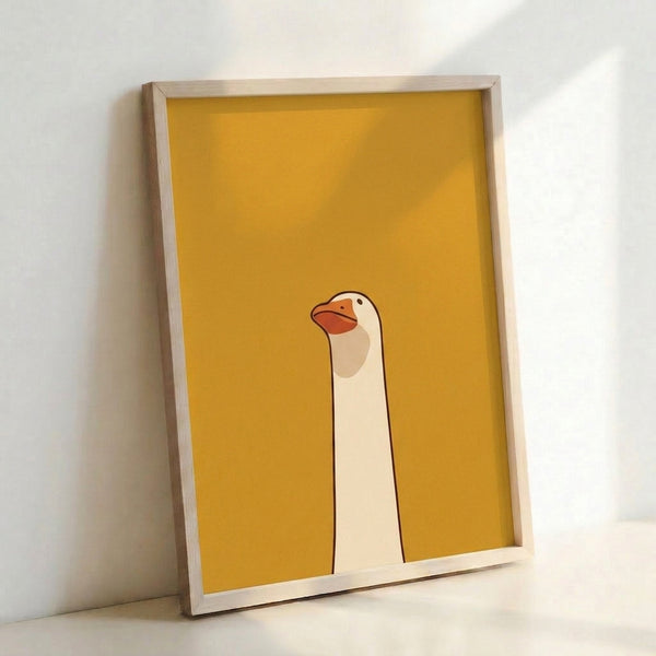 Contemporary minimalist goose illustration in wabi-sabi style, combining delicate linework with warm golden and terracotta hues, displayed as wall art.