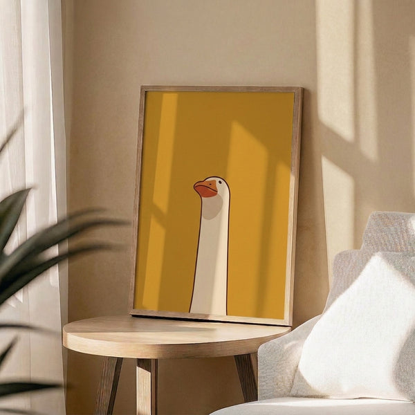 Modern line art print depicting a charming goose with loose brushwork in golden, terracotta, and cream tones for serene wall decor.