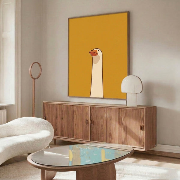 Minimalist goose poster with flowing lines in warm golden and dark brown on cream, capturing whimsical character in calm, contemporary style.