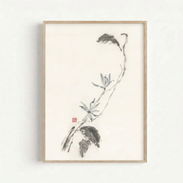Japanese-inspired line art print featuring a graceful lotus branch rendered in soft ink tones, exemplifying zen aesthetic and wabi-sabi simplicity on gallery wall.