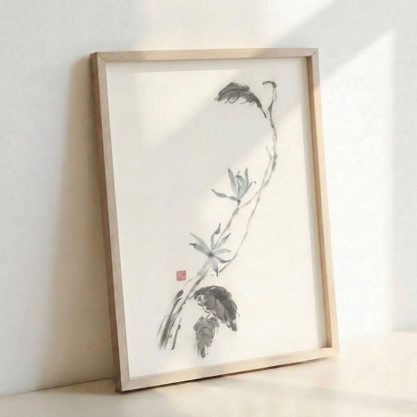 Serene black and gray botanical study of a lotus plant branch with organic flowing lines, mounted as framed poster art in minimalist Japanese style.