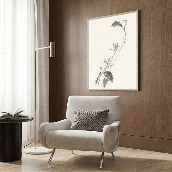 Minimalist line art poster of a blooming lotus branch rendered in traditional ink wash technique, evoking quiet Japanese contemplative mood when displayed.