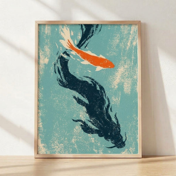Framed minimalist ink wash painting of orange and teal koi fish swimming in serene navy and cream waters, inspired by Japanese woodblock art tradition.