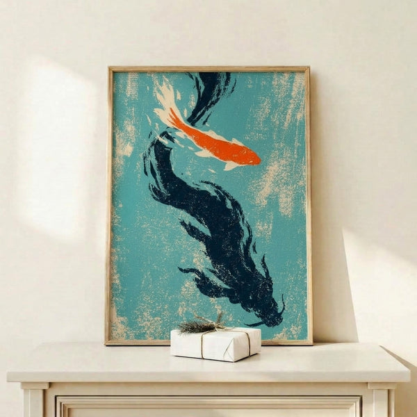 Japanese-style art print depicting elegant koi fish rendered in muted teal, orange, and cream tones with meditative minimalist brushwork on a navy background.