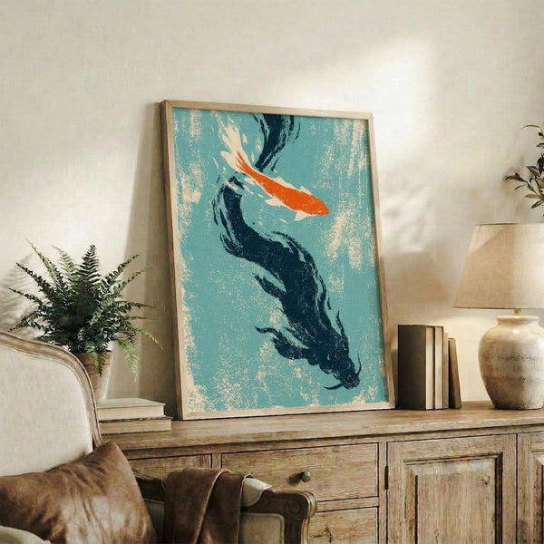 Zen-inspired framed poster showcasing graceful koi in flowing water, combining traditional Japanese aesthetic with modern minimalist composition in teal, orange, and cream hues.