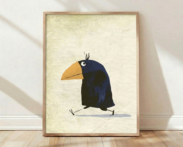 Minimalist modern art print of a whimsical crow in navy blue and golden yellow tones on a cream background, displayed as a framed poster on a wall.
