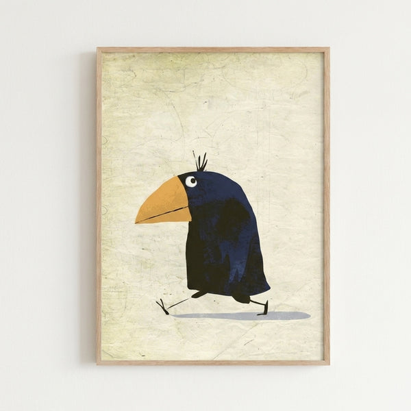 Playful mid-century style illustration of a quirky walking crow rendered in black, navy, and gold against a soft cream backdrop, framed wall art.