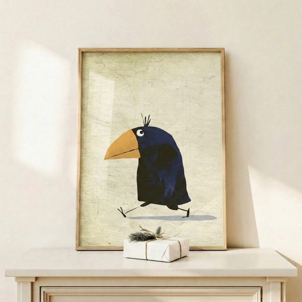 Modern minimalist poster of a quirky crow character in warm golden yellow and deep navy blue tones on a light cream ground, framed wall décor.