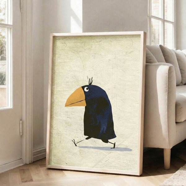 Playful mid-century crow illustration with a whimsical personality, rendered in navy, gold, and black linework on cream, displayed as a framed art print.