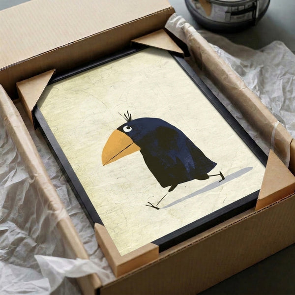 Quirky crow poster in contemporary minimalist design with navy, gold, and black accents against cream, showcasing whimsical character art in a frame.